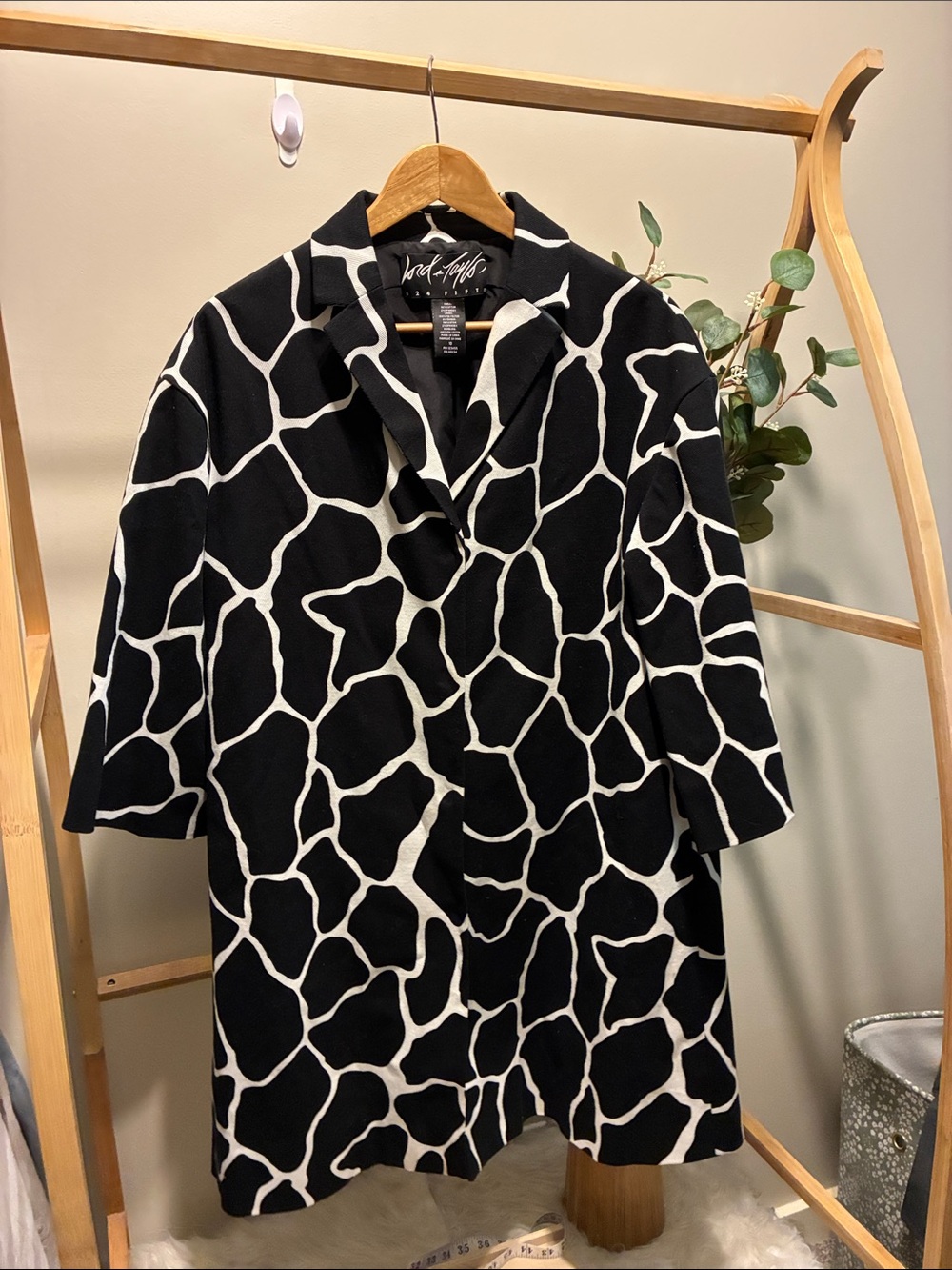 Lord & Taylor Black and White Oversized Giraffe-Print Snap Button-Down Jacket